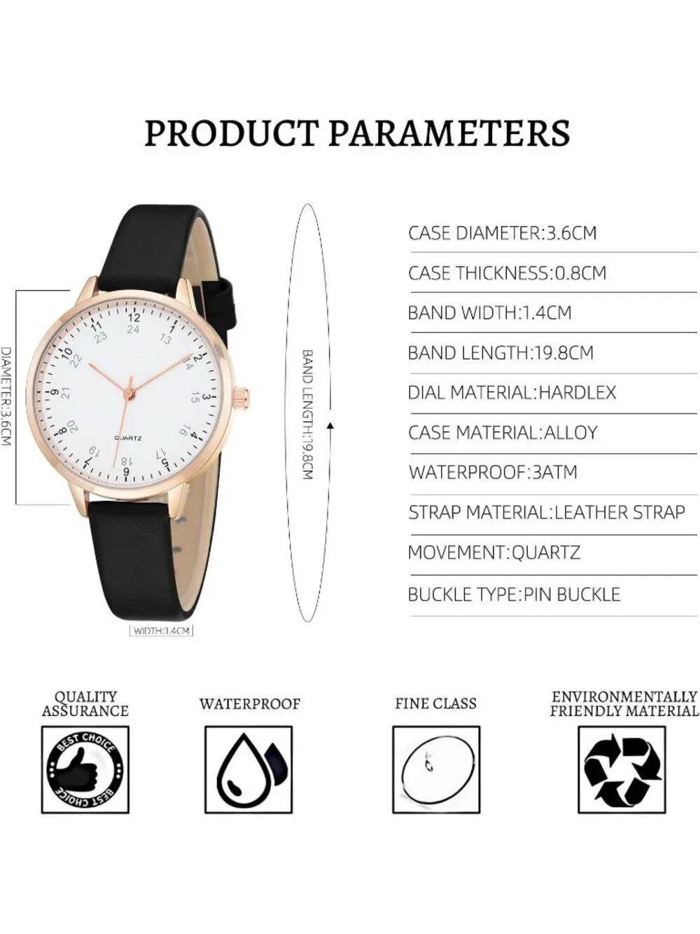 Women's Black White Dial Dainty Analog Leather Waterproof Reloj Para Mujer Watch